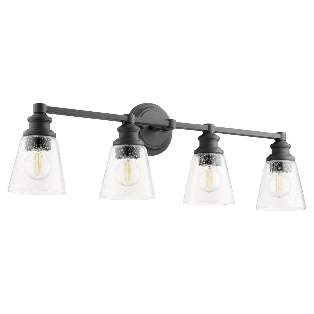 Quorum Dunbar 509-4-69 Bath Vanity Light 32 in. wide - Textured Black, Weathered Oak /Weathered Oak/