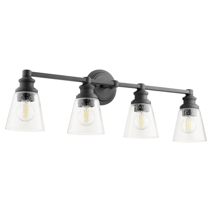 Quorum Dunbar 509-4-69 Bath Vanity Light 32 in. wide - Textured Black, Weathered Oak /Weathered Oak/