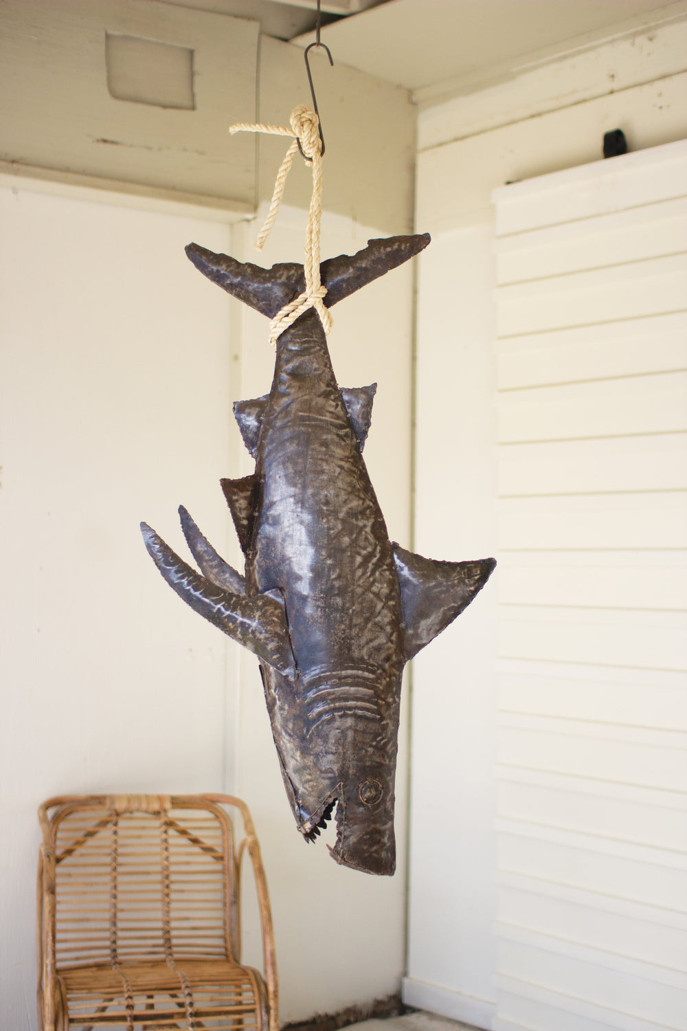 Kalalou Lighting A6147  Recycled Hand Hammered 3 Dimensional Shark With Sisal Rope Home Decor Bronze / Dark