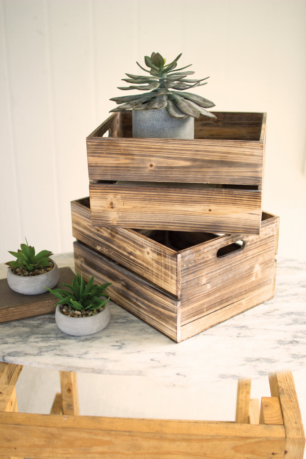 Kalalou Lighting CJJ1003  Set Of 2 Wooden Slatted Crates Home Decor Wood/Stone/Naturals