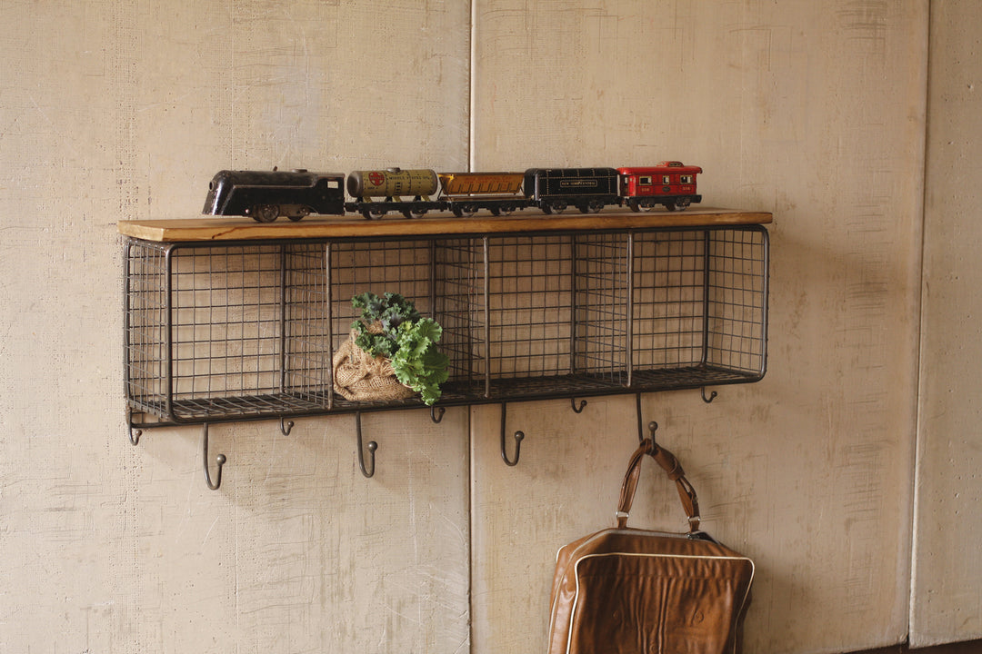 Kalalou Lighting CQ1488  Wire Mesh Four Horizontal Cubbies With Wooden Top Home Decor Bronze / Dark