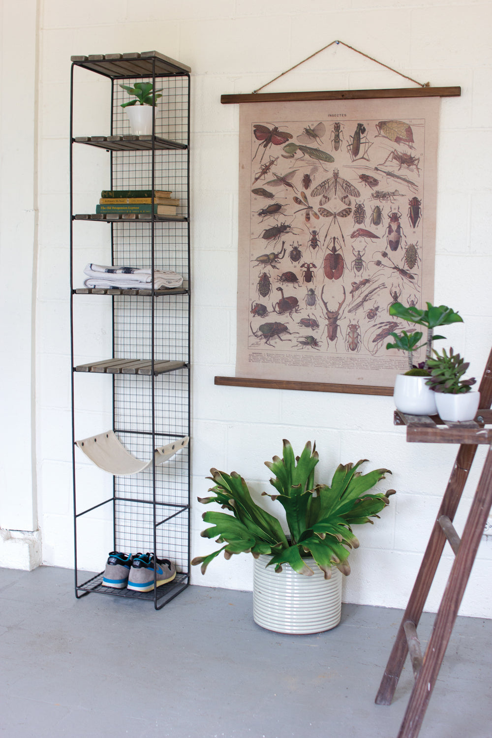 Kalalou Lighting CQ6739  Wood And Storage Tower With Canvas Sling Shelf Furniture Bronze / Dark