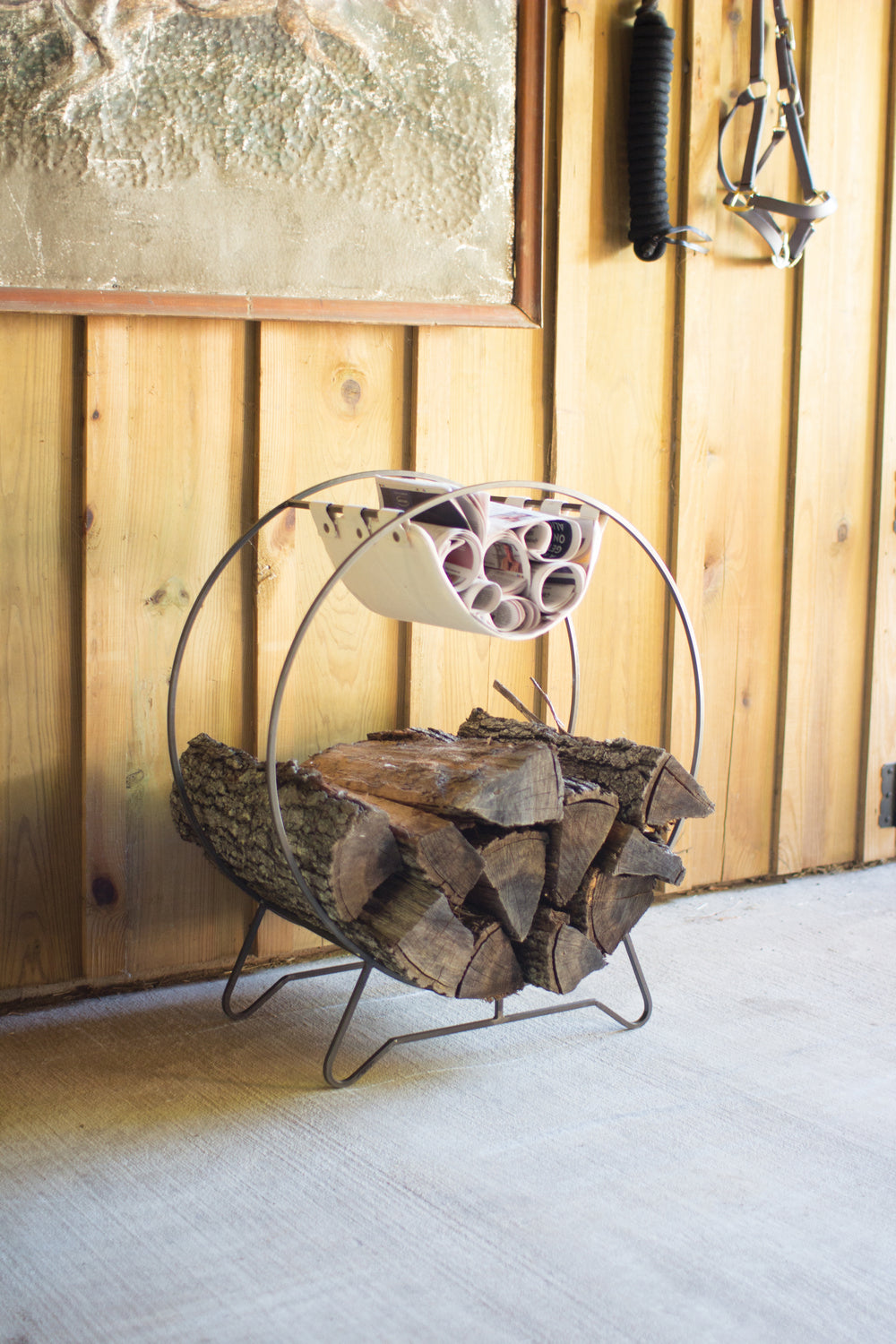 Kalalou Lighting CQ6804  Round Log Holder With Canvas Kindling Sling Home Decor Bronze / Dark