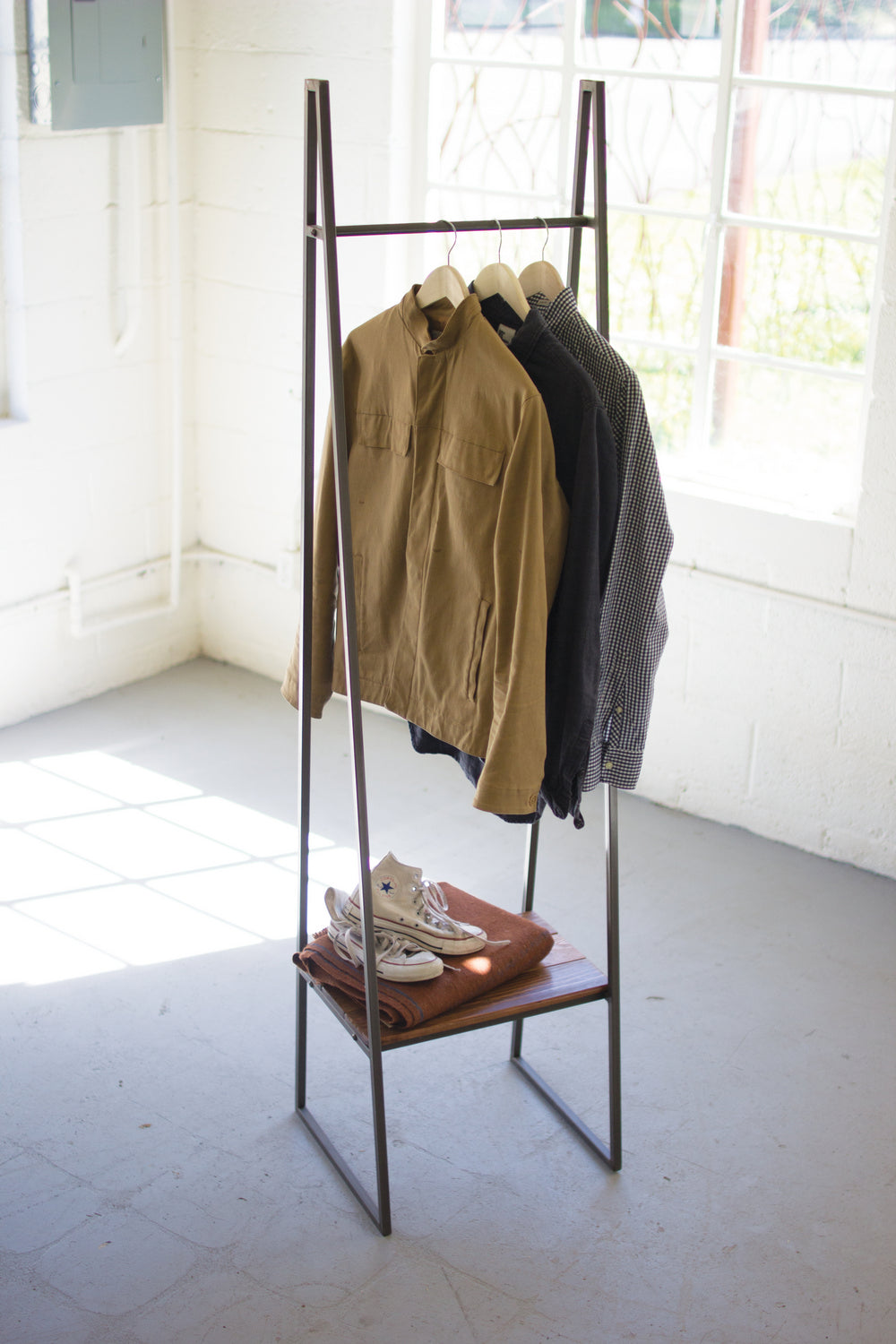 Kalalou Lighting CQ7151  A-Frame Rack With Lower Wood Shelf Furniture Bronze / Dark