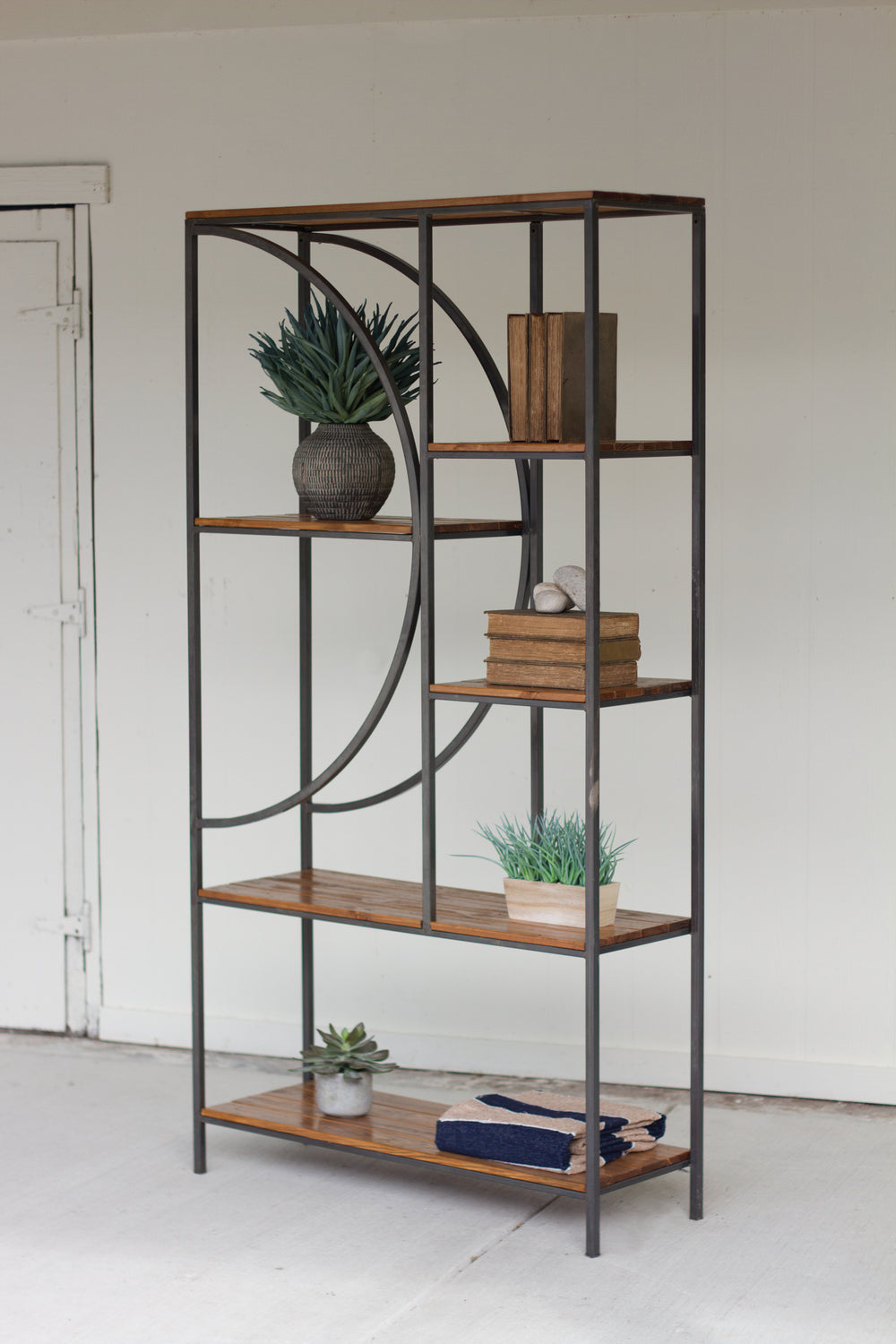 Kalalou Lighting CQ7254  Wood And Shelving Unit With Demilune Detail Furniture Bronze / Dark