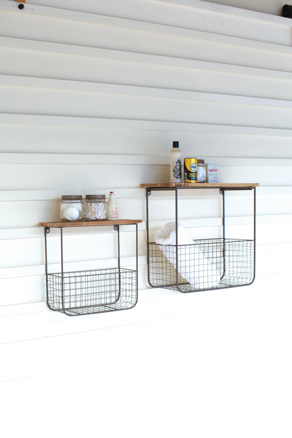 Kalalou Lighting CQ7385  Set Of Two Wire Basket Shelves Wthi Recycled Wood Tops Home Decor Bronze / Dark