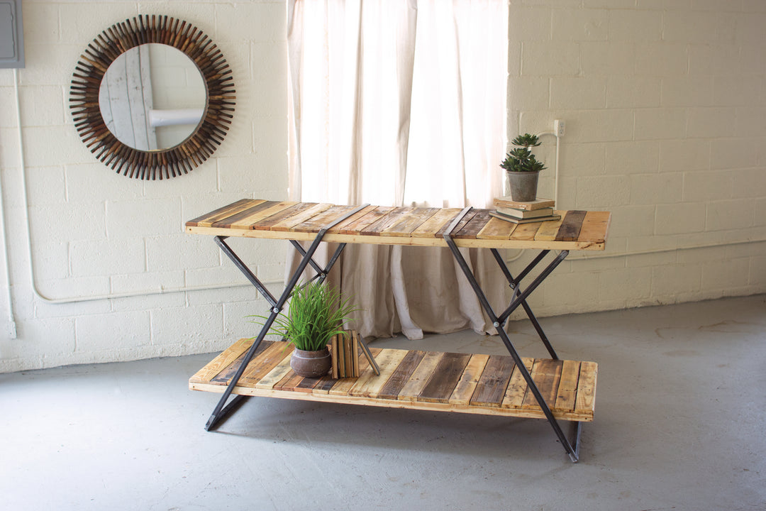 Kalalou Lighting F5002  Reclaimed Wood Two Tiered Display Tables W Folding Base Furniture Bronze / Dark