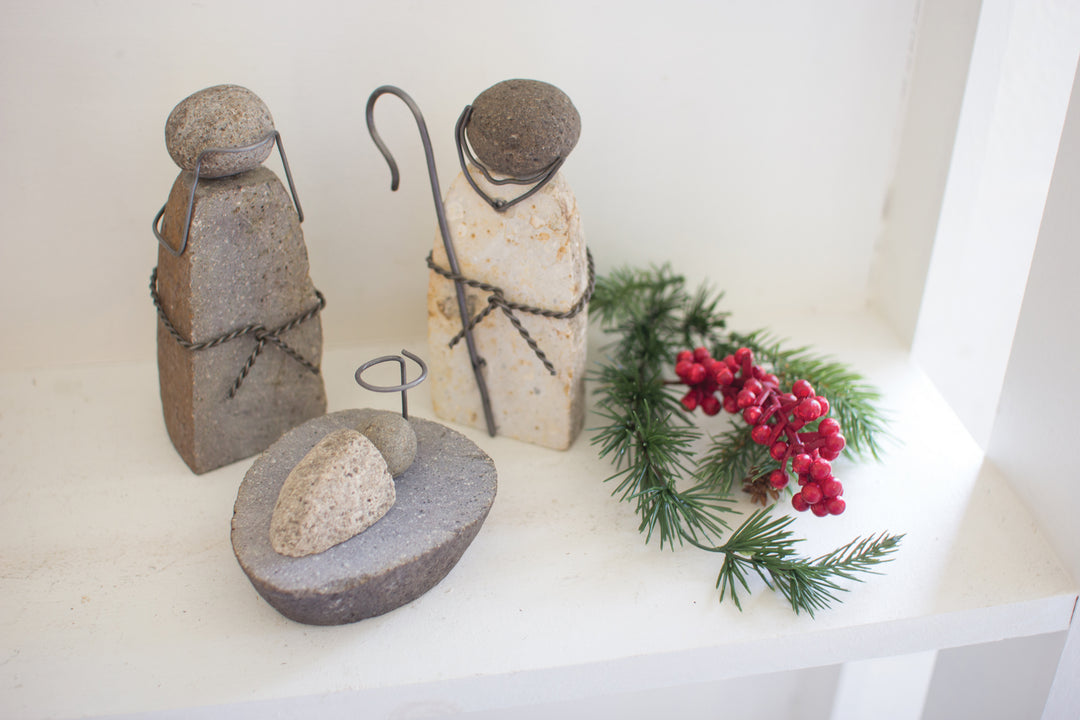 Kalalou Lighting H8846  Set Of Three River Rock Mary Joseph And Jesus Home Decor Bronze / Dark
