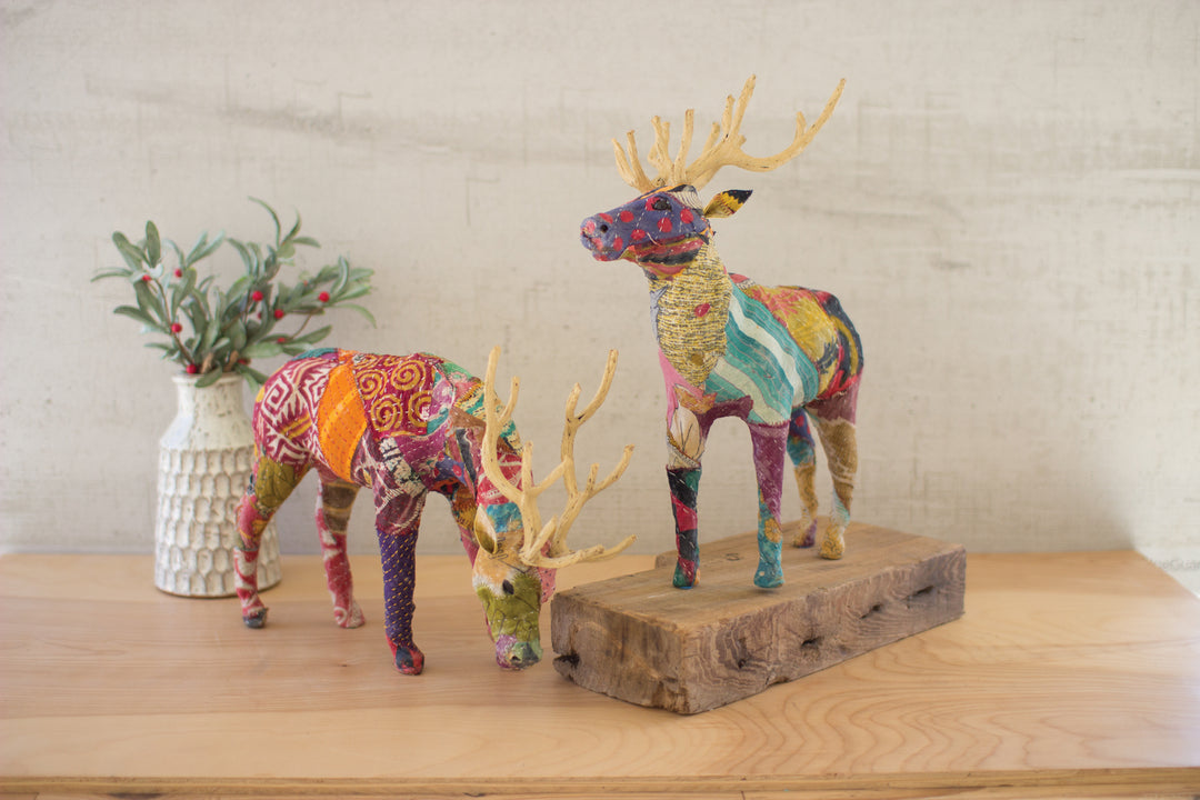 Kalalou Lighting NFAC1010  Set Of Two Kantha Covered Table Top Reindeer Home Decor Bronze / Dark