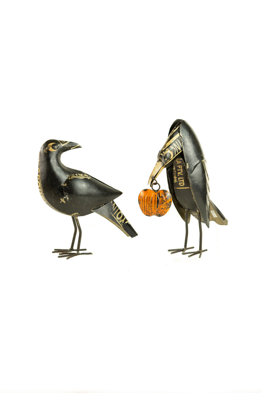 Kalalou Lighting NTM1285  Set Of Two Recycled Crows Holding A Pumpkin Home Decor Black