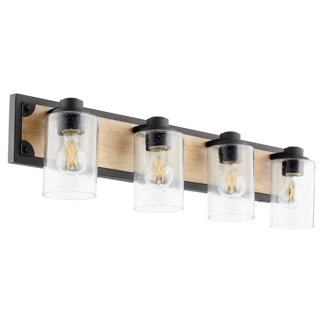 Quorum 5143 Corner Detail Brackets 5143-4-69 Bath Vanity Light 32 in. wide - Textured Black W/ Driftwood Finish, Weathered Oak/Weathered Oak/