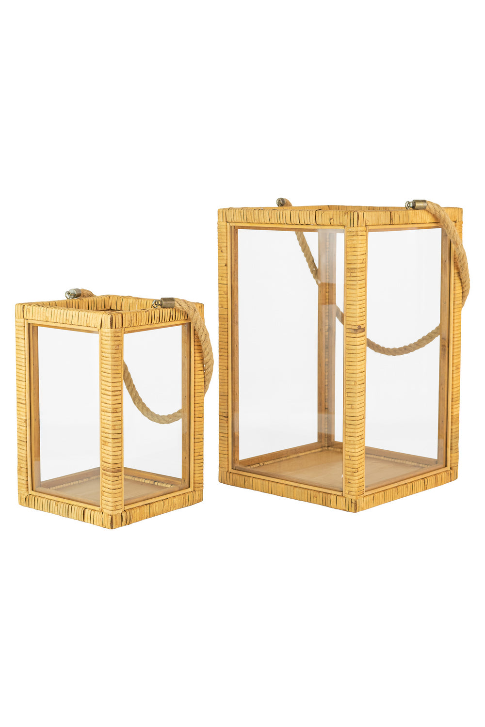 Kalalou Lighting CBB1097  Set Of Two Rectangle Rattan And Glass Lanterns Home Decor Bronze / Dark