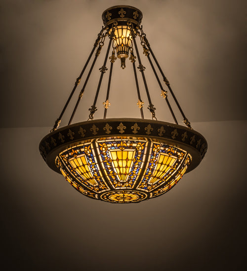 Meyda Tiffany Fleur-De-Lis 115300 Pendant Light - Beige Ha Green/Blue Amber