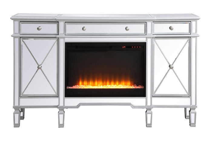 Elegant Lighting MF61060SC-F2 Contempo Credenza With Fireplace Furniture Pewter, Nickel, Silver