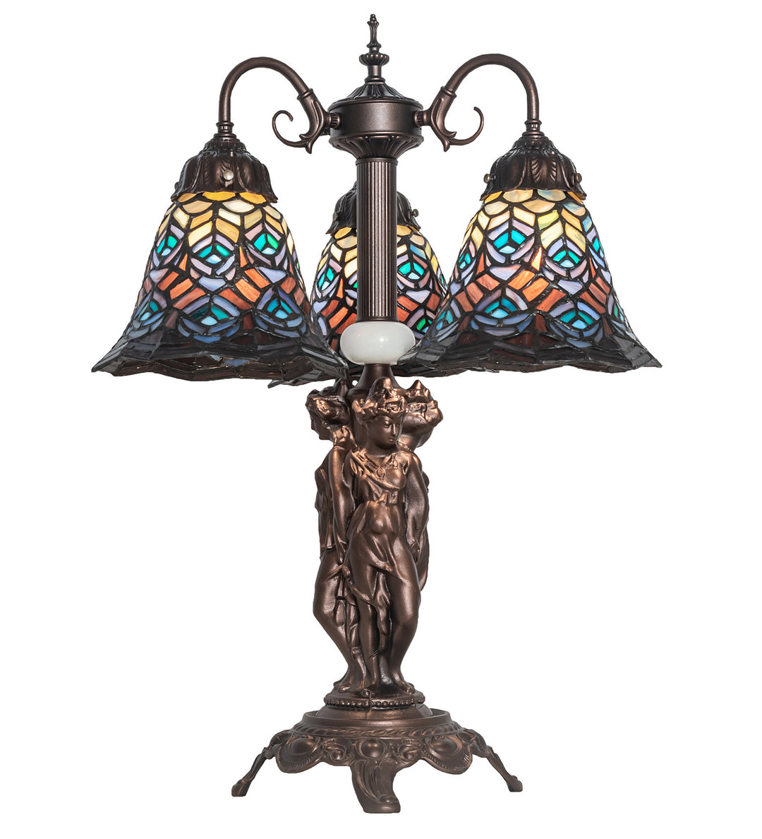 Meyda Tiffany Lighting 245482 Tiffany Peacock Feather Three Light Table Lamp Lamp Bronze / Dark