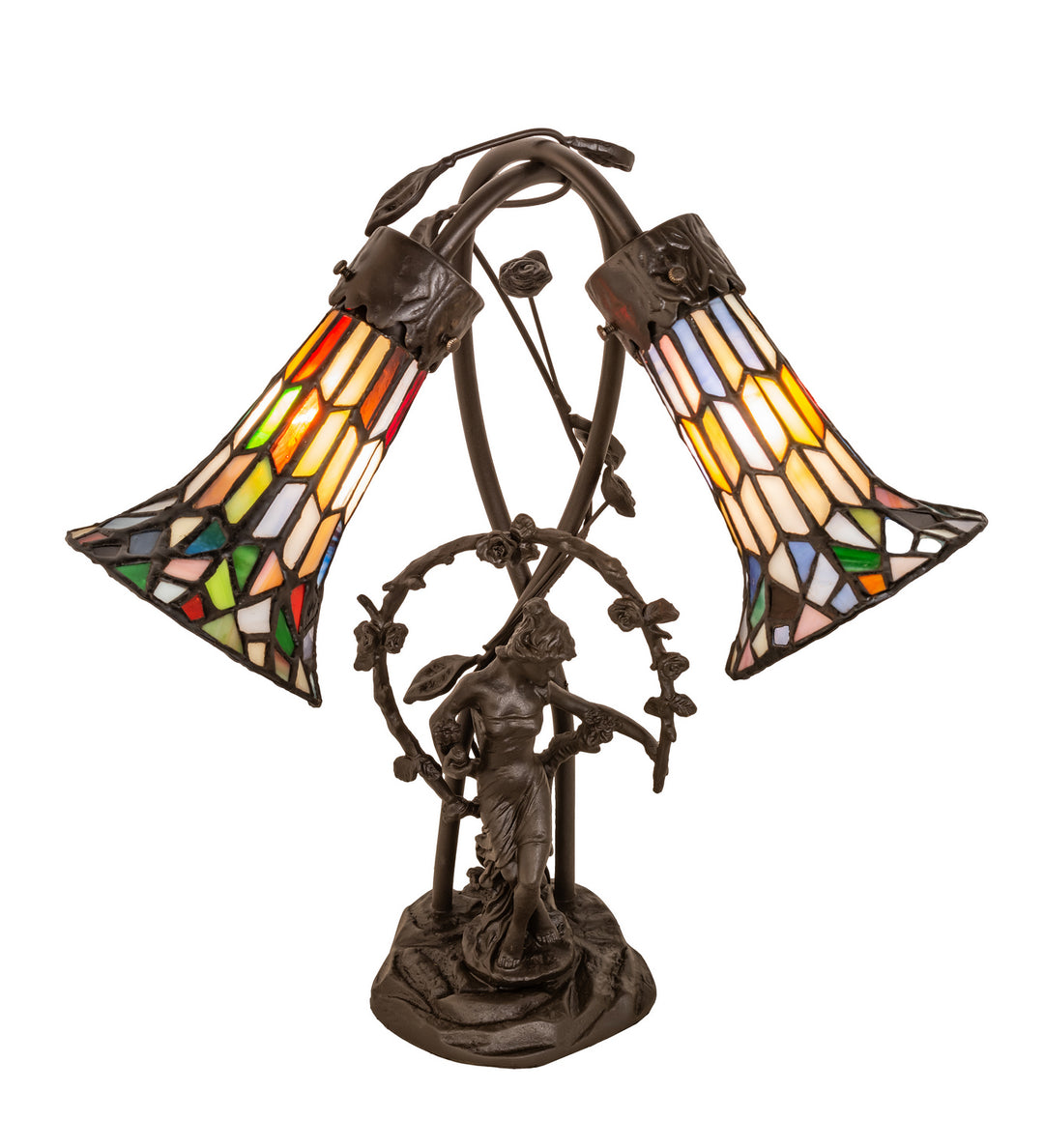 Meyda Tiffany Lighting 133659 Stained Glass Pond Lily Two Light Table Lamp Lamp Bronze / Dark