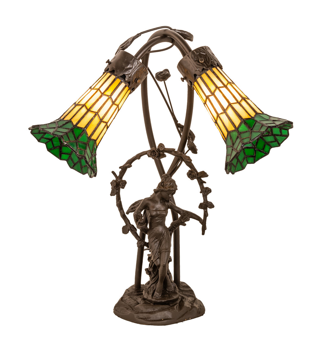 Meyda Tiffany Lighting 251675 Stained Glass Pond Lily Two Light Table Lamp Lamp Bronze / Dark