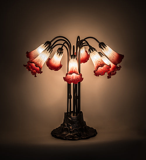 Meyda Tiffany Lighting 12301 Pink/White Pond Lily Ten Light Table Lamp Lamp Bronze / Dark