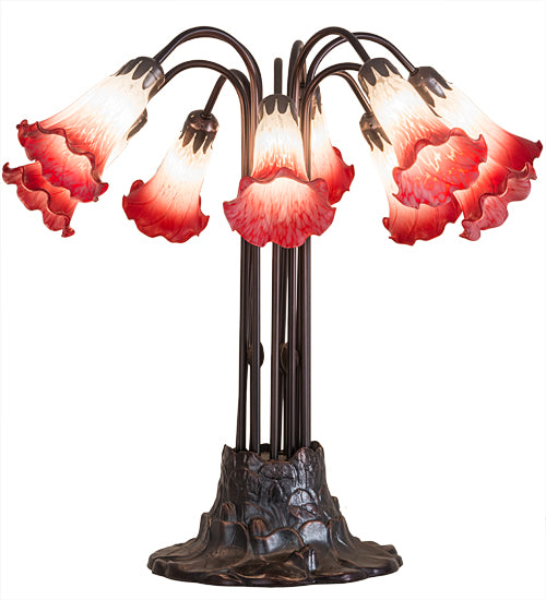 Meyda Tiffany Lighting 12301 Pink/White Pond Lily Ten Light Table Lamp Lamp Bronze / Dark