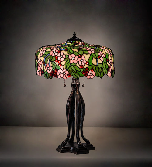 Meyda Tiffany Lighting 126749 Tiffany Cherry Blossom Three Light Table Lamp Lamp Bronze / Dark