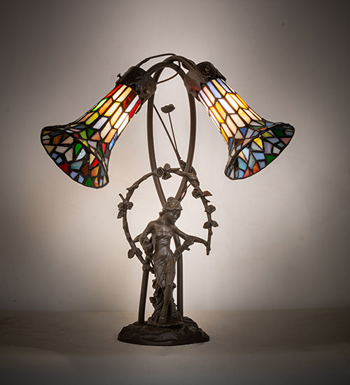 Meyda Tiffany Lighting 133659 Stained Glass Pond Lily Two Light Table Lamp Lamp Bronze / Dark