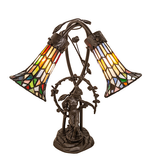 Meyda Tiffany Lighting 133659 Stained Glass Pond Lily Two Light Table Lamp Lamp Bronze / Dark