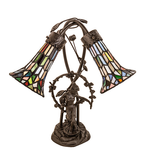 Meyda Tiffany Lighting 133659 Stained Glass Pond Lily Two Light Table Lamp Lamp Bronze / Dark