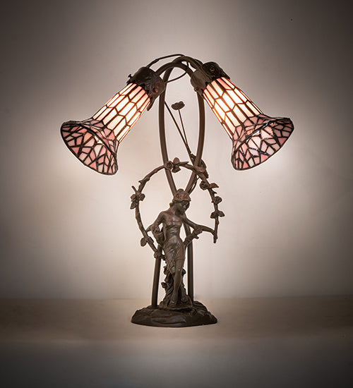 Meyda Tiffany Lighting 134637 Stained Glass Pond Lily Two Light Table Lamp Lamp Bronze / Dark