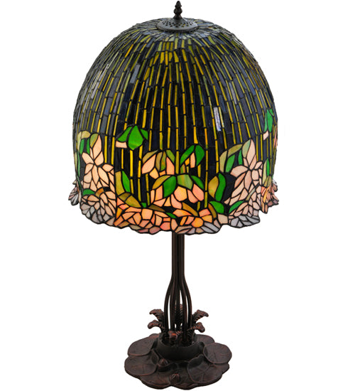 Meyda Tiffany Lighting 138581 Tiffany Flowering Lotus Three Light Table Lamp Lamp Bronze / Dark