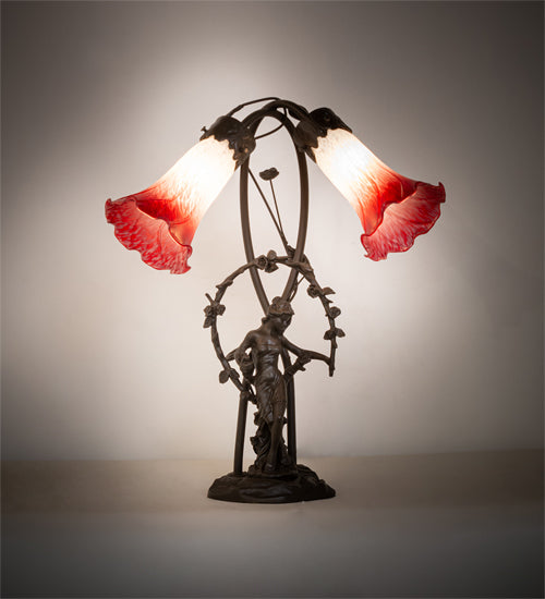 Meyda Tiffany Lighting 144697 Red/White Pond Lily Two Light Table Lamp Lamp Bronze / Dark