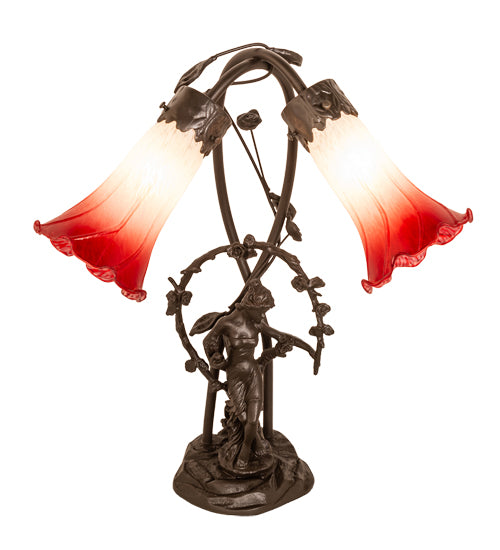 Meyda Tiffany Lighting 144697 Red/White Pond Lily Two Light Table Lamp Lamp Bronze / Dark