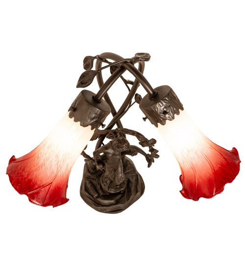 Meyda Tiffany Lighting 144697 Red/White Pond Lily Two Light Table Lamp Lamp Bronze / Dark