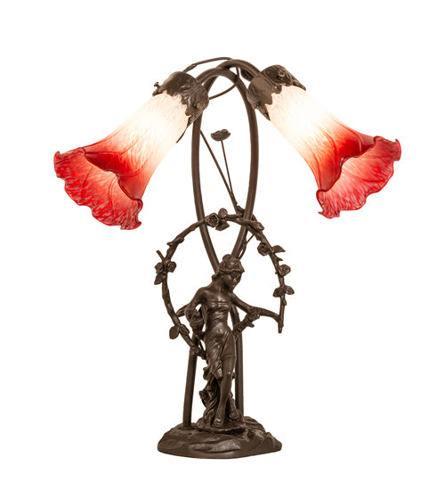 Meyda Tiffany Lighting 144697 Red/White Pond Lily Two Light Table Lamp Lamp Bronze / Dark