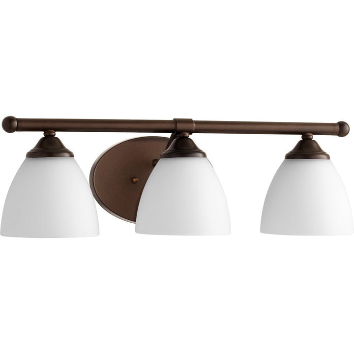 Quorum Brooks 5150-3-86 Bath Vanity Light 21 in. wide - Oiled Bronze W/ Satin Opal, Weathered Oak/Weathered Oak/