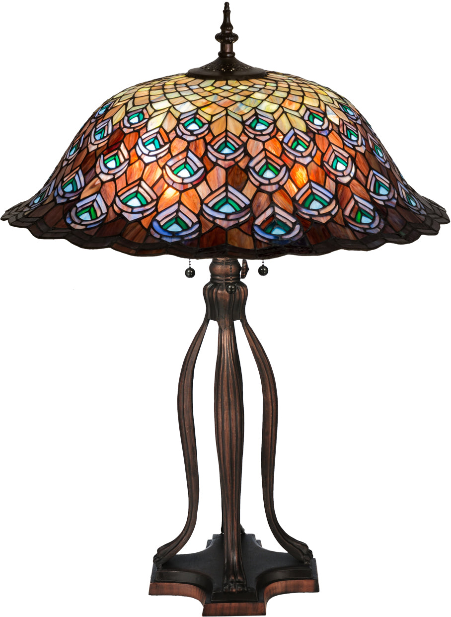 Meyda Tiffany Lighting 28504 Tiffany Peacock Feather Three Light Table Lamp Lamp Bronze / Dark