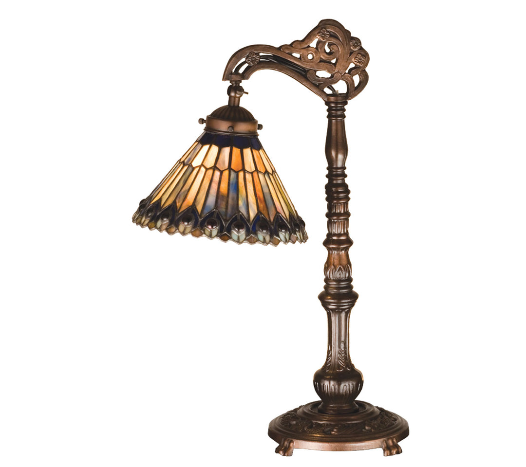 Meyda Tiffany Lighting 32738 Tiffany Jeweled Peacock One Light Bridge Arm Desk Lamp Lamp Bronze / Dark