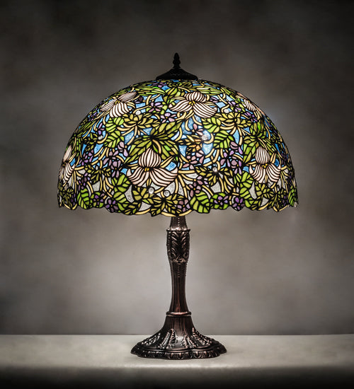 Meyda Tiffany Lighting 232797 Trillium & Violet Three Light Table Lamp Lamp Bronze / Dark