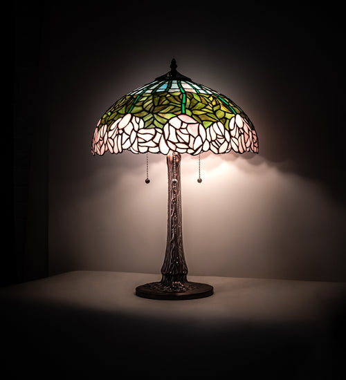 Meyda Tiffany Lighting 242043 Tiffany Cabbage Rose Three Light Table Lamp Lamp Bronze / Dark