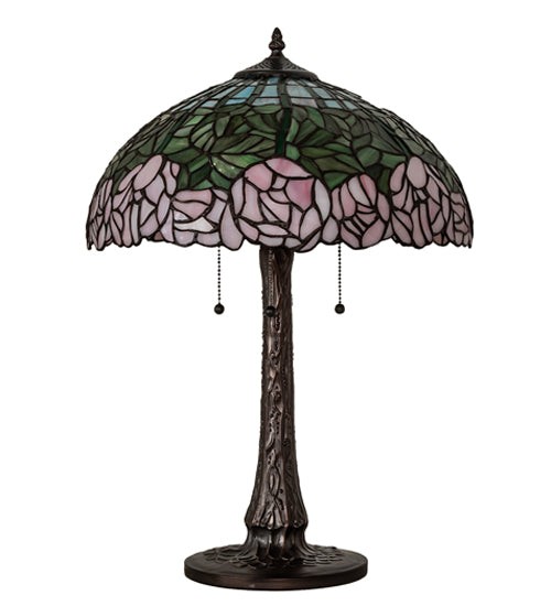 Meyda Tiffany Lighting 242043 Tiffany Cabbage Rose Three Light Table Lamp Lamp Bronze / Dark