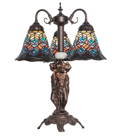 Meyda Tiffany Lighting 245482 Tiffany Peacock Feather Three Light Table Lamp Lamp Bronze / Dark