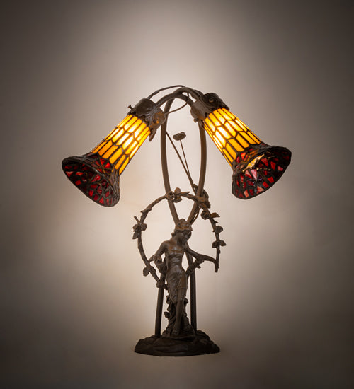 Meyda Tiffany Lighting 251672 Stained Glass Pond Lily Two Light Table Lamp Lamp Bronze / Dark