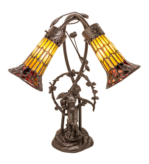 Meyda Tiffany Lighting 251672 Stained Glass Pond Lily Two Light Table Lamp Lamp Bronze / Dark