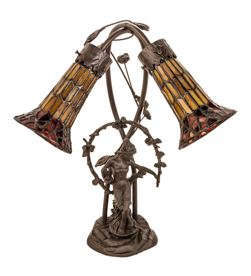 Meyda Tiffany Lighting 251672 Stained Glass Pond Lily Two Light Table Lamp Lamp Bronze / Dark