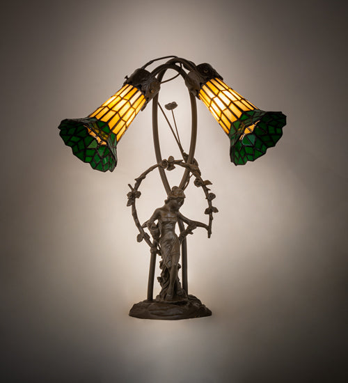 Meyda Tiffany Lighting 251675 Stained Glass Pond Lily Two Light Table Lamp Lamp Bronze / Dark