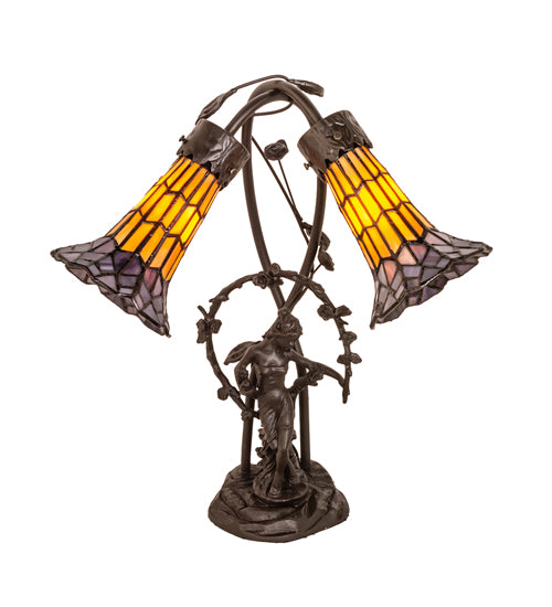Meyda Tiffany Lighting 251676 Stained Glass Pond Lily Two Light Table Lamp Lamp Bronze / Dark