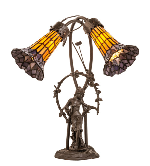 Meyda Tiffany Lighting 251676 Stained Glass Pond Lily Two Light Table Lamp Lamp Bronze / Dark