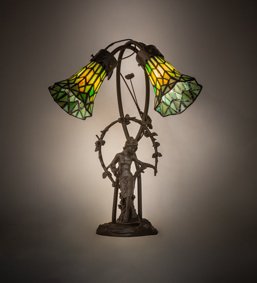 Meyda Tiffany Lighting 251677 Stained Glass Pond Lily Two Light Table Lamp Lamp Bronze / Dark