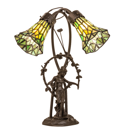 Meyda Tiffany Lighting 251677 Stained Glass Pond Lily Two Light Table Lamp Lamp Bronze / Dark