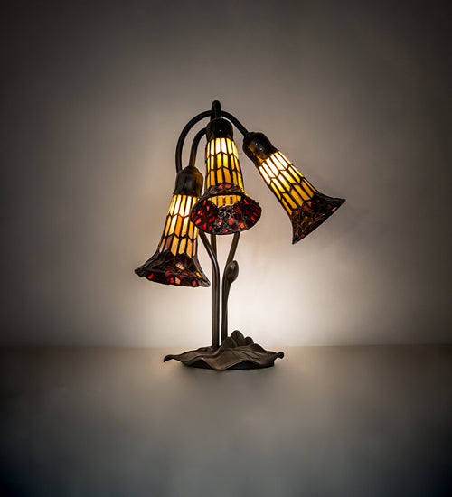 Meyda Tiffany Lighting 251684 Stained Glass Pond Lily Three Light Table Lamp Lamp Bronze / Dark