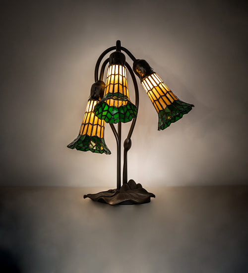 Meyda Tiffany Lighting 251686 Stained Glass Pond Lily Three Light Table Lamp Lamp Bronze / Dark